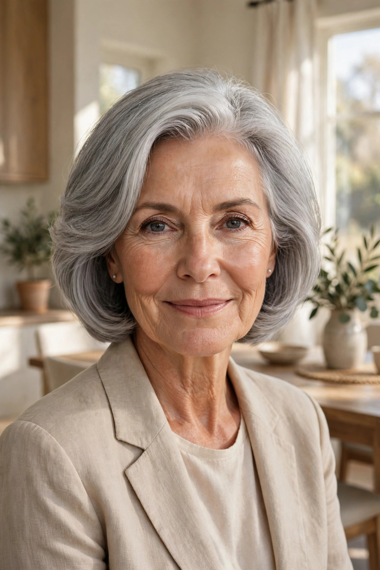 Woman in her mid 60s with an elegant silver-gray lob in a sunlit dining room