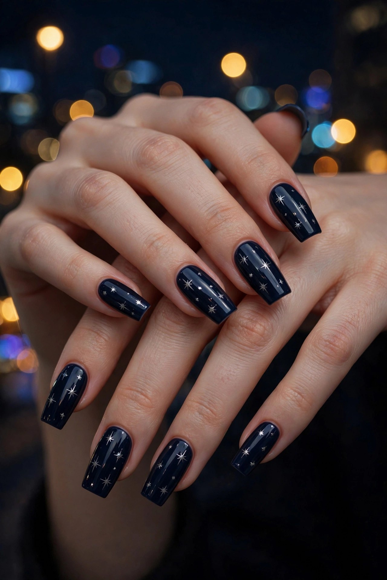 Hands with fair skin and long square nails in midnight navy with tiny silver star nail art