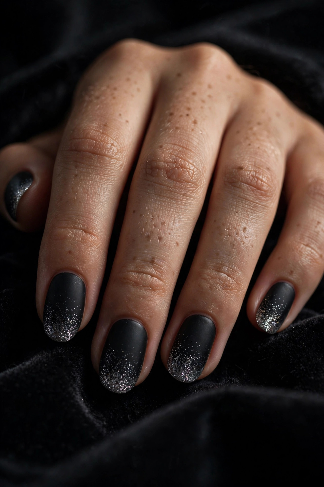 Teen hand with matte black nails and glitter gradient fade tips