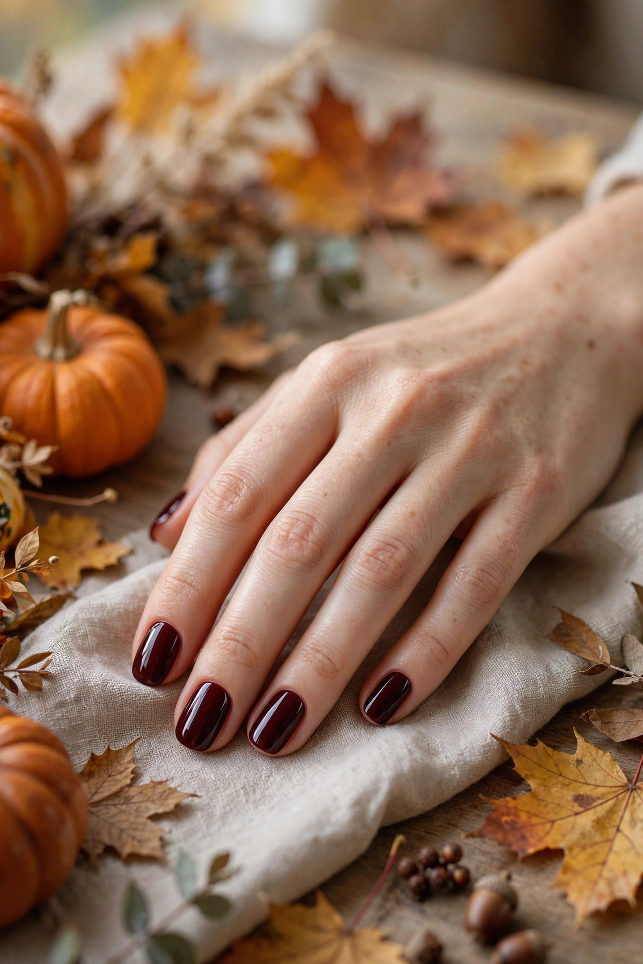 Fair hand with deep burgundy nail polish resting near a fall table setting