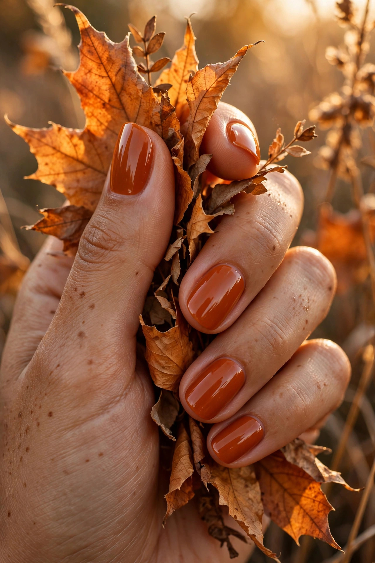 Medium olive skin hand with burnt orange nail polish against autumn leaves