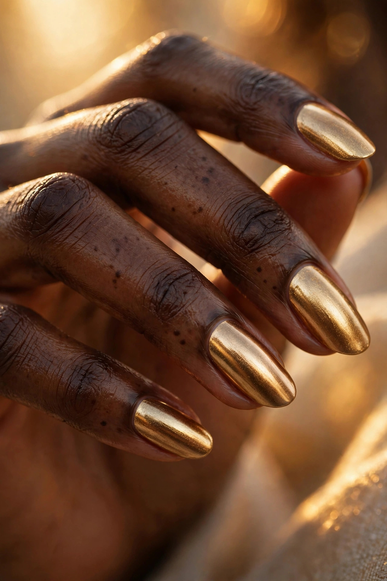 Deep skin tone hand with metallic gold nail polish in warm light
