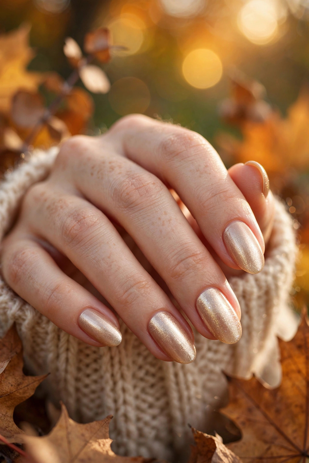 Fair hand with champagne shimmer nail polish catching the light