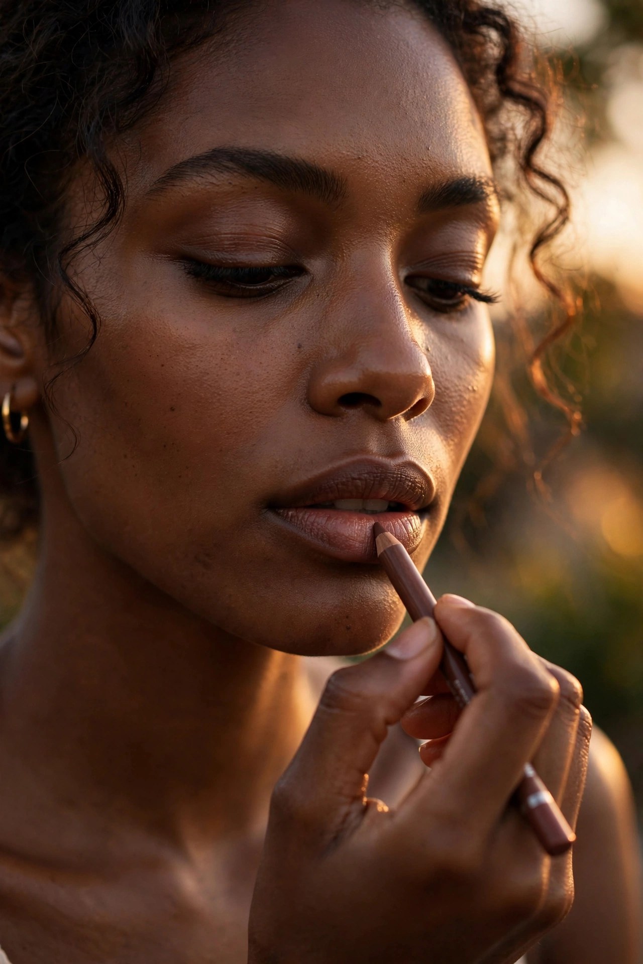 Close-up of a woman lining her lips with lip liner in warm evening light