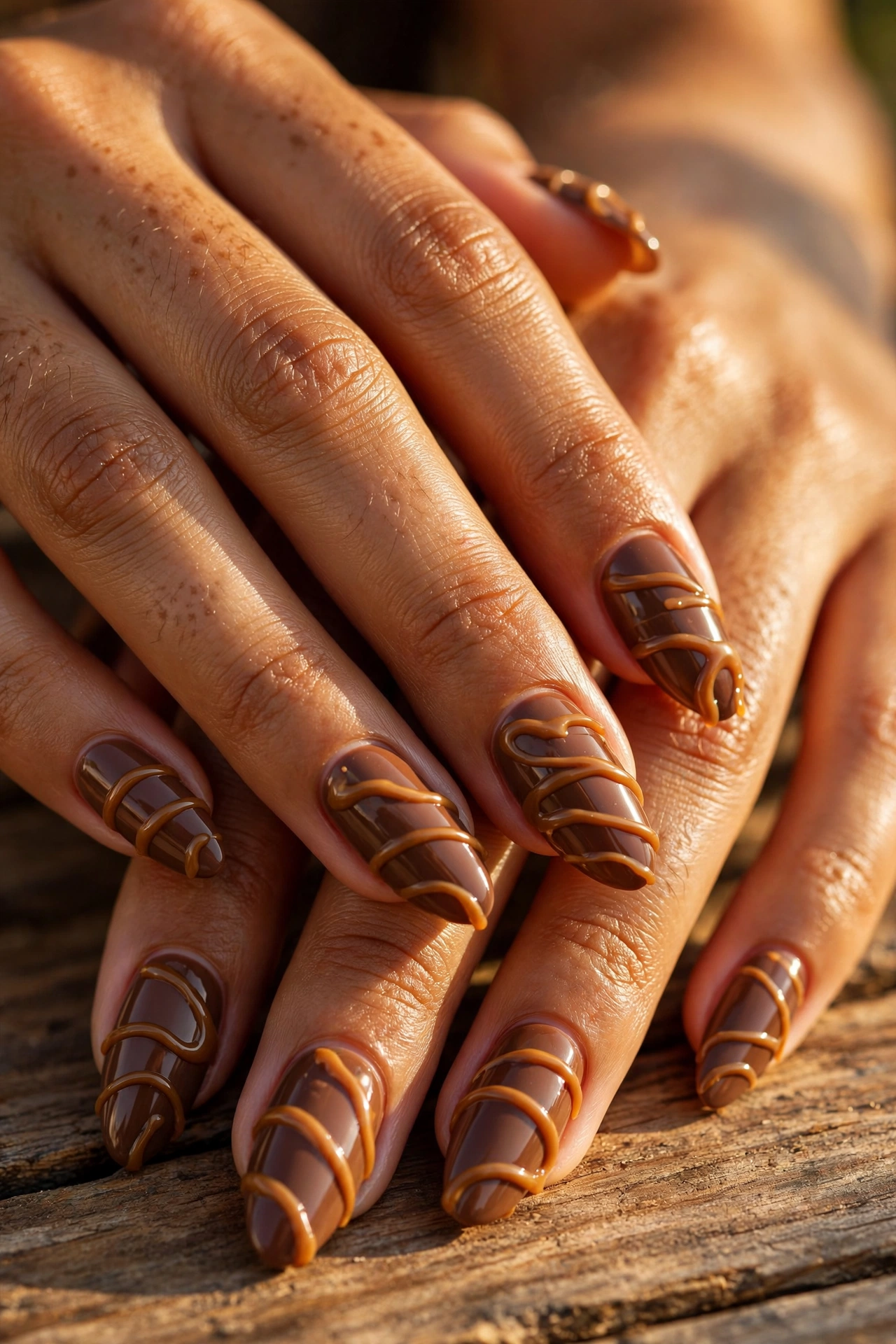 Caramel drizzle nail art on mocha