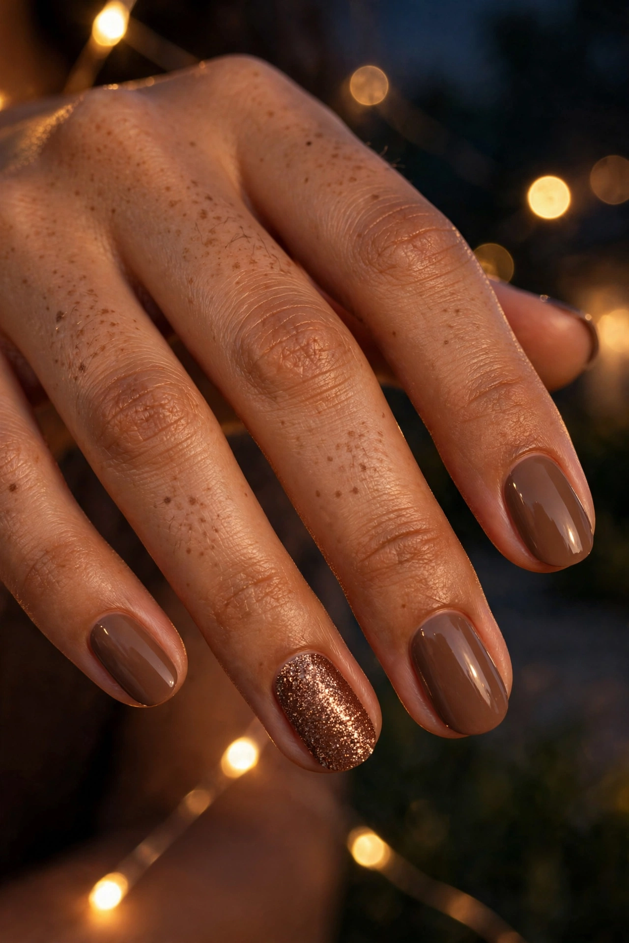 Mocha nails with cocoa glitter accent nail