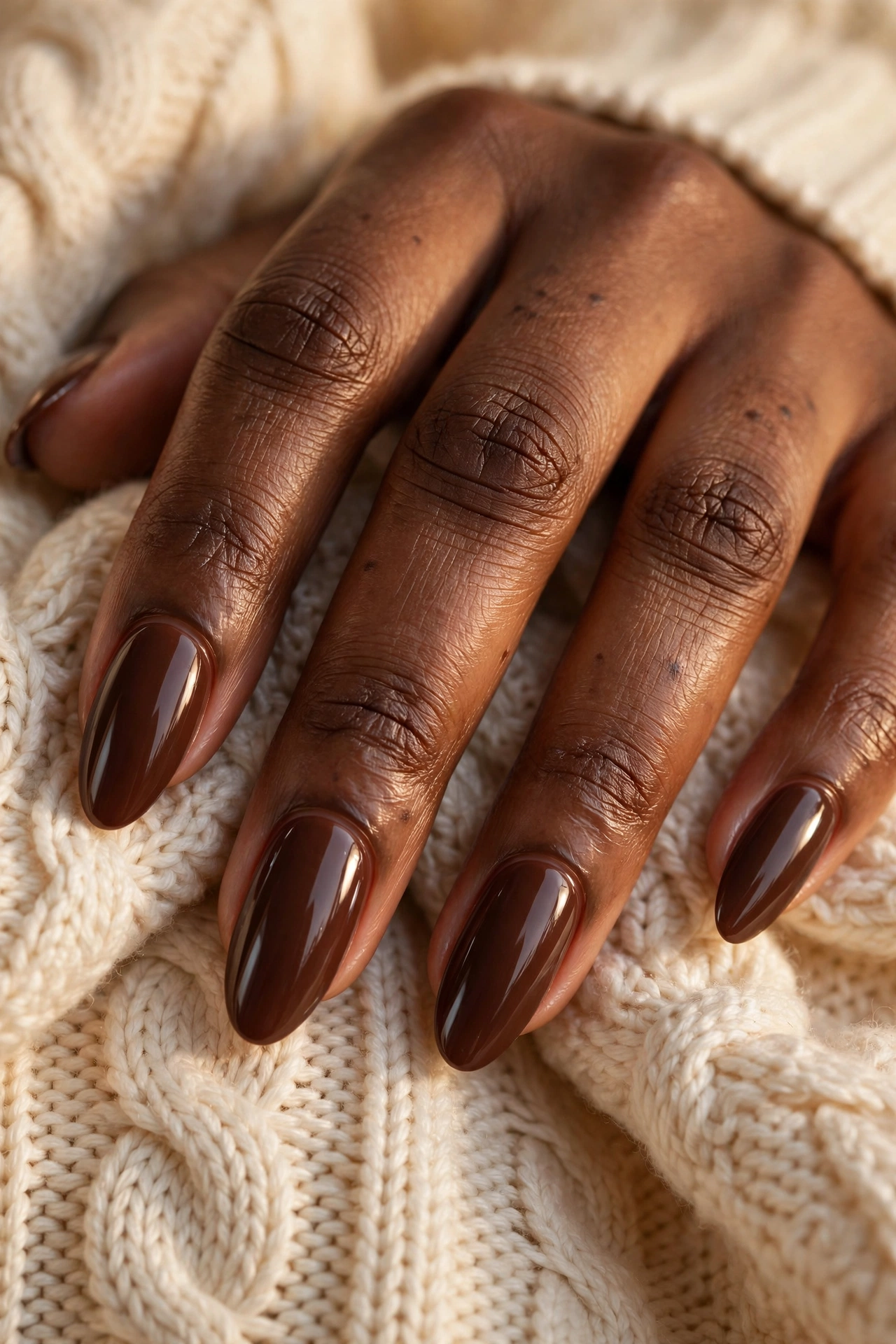 Chocolate brown glossy almond nails on deep skin