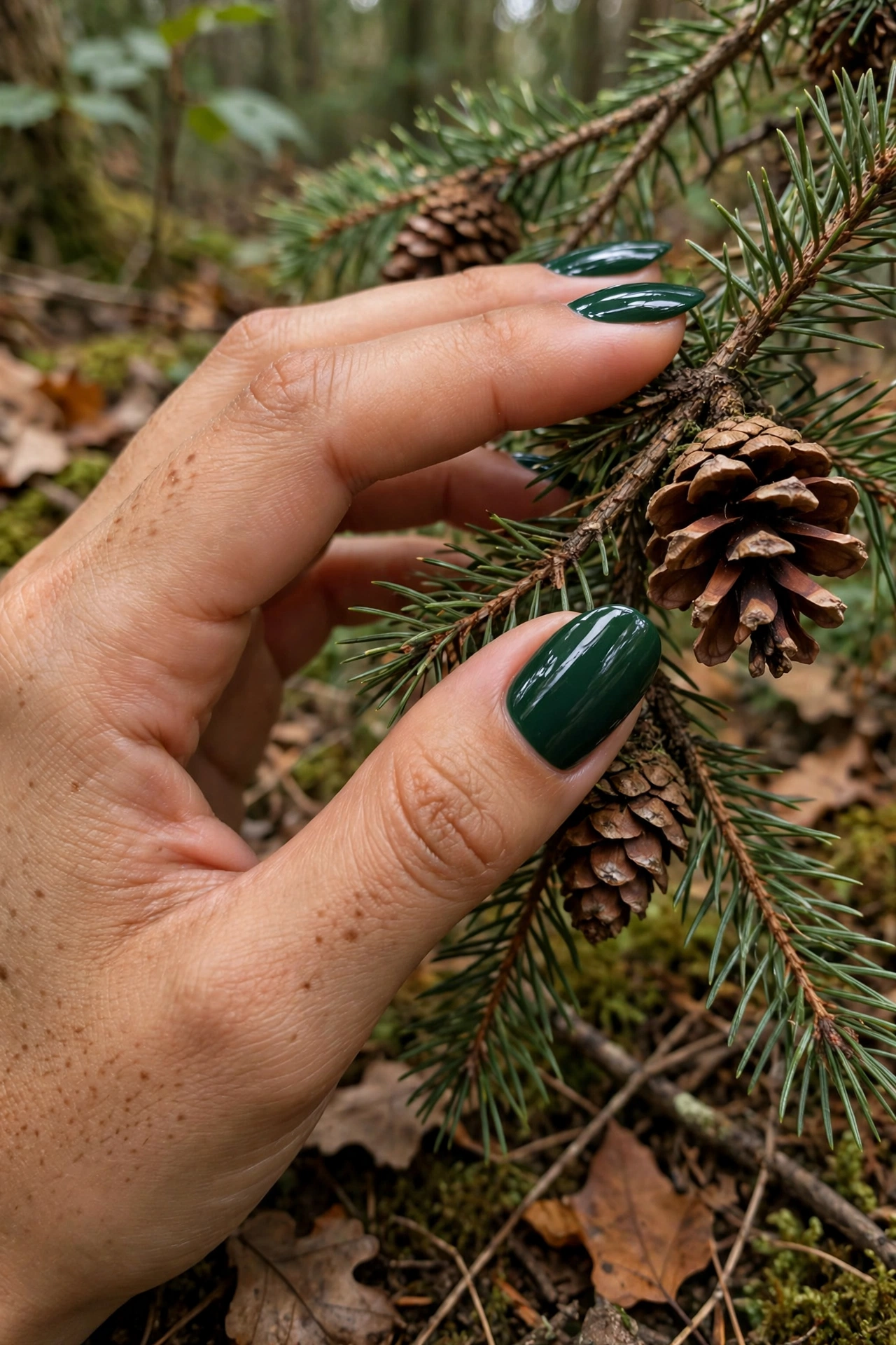 Forest green nails with pine branches