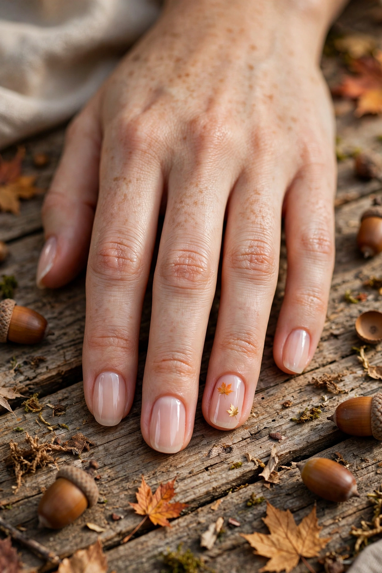 Nude nails with maple leaf art