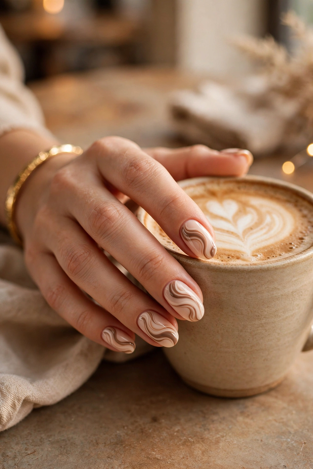 Mocha swirls on nude nails with latte