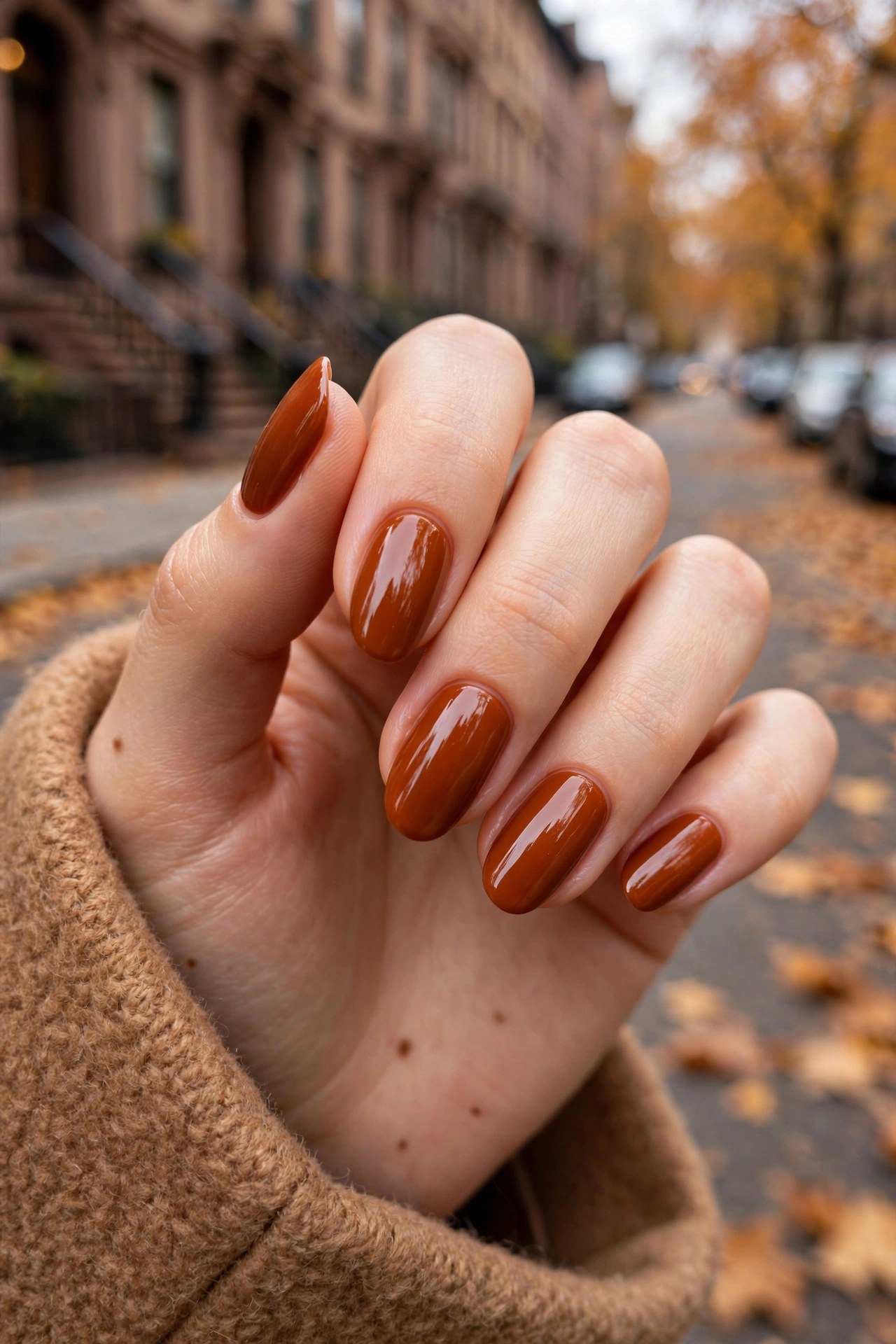 Burnt sienna nails with fall coat