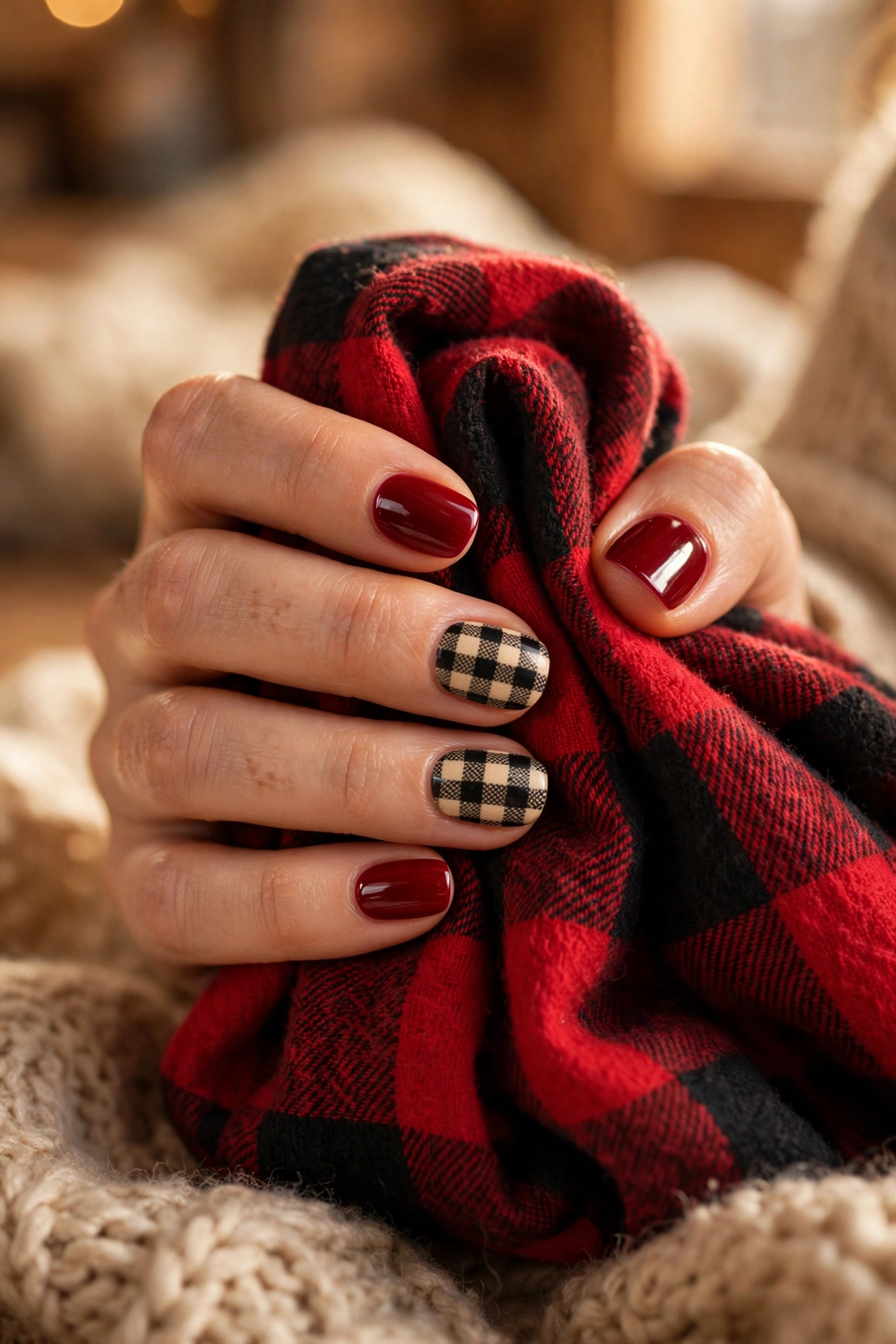 Red plaid accent nails