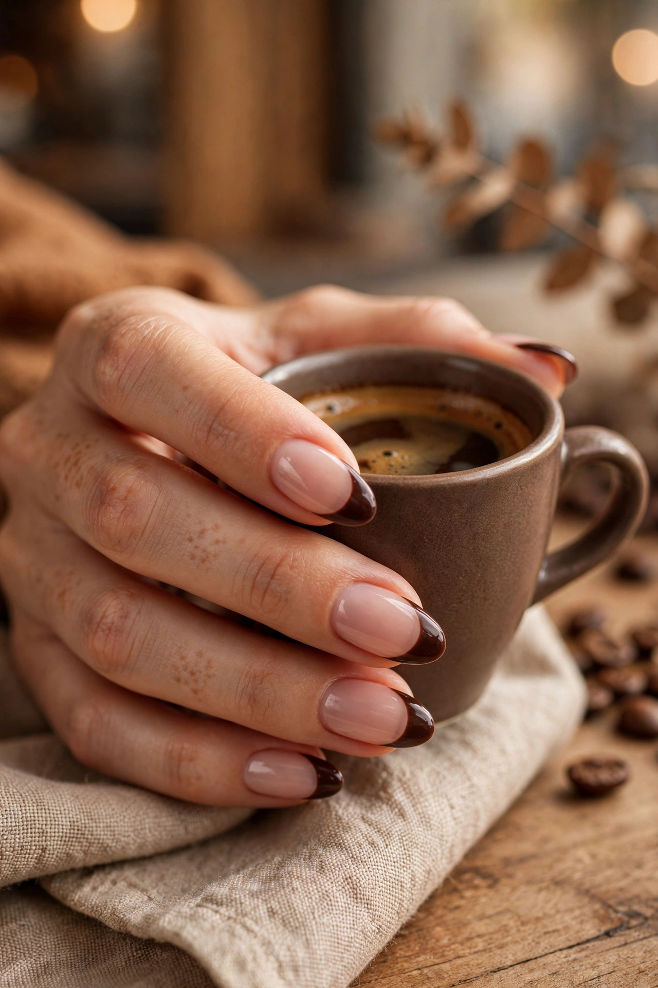 Espresso French tip nails with coffee