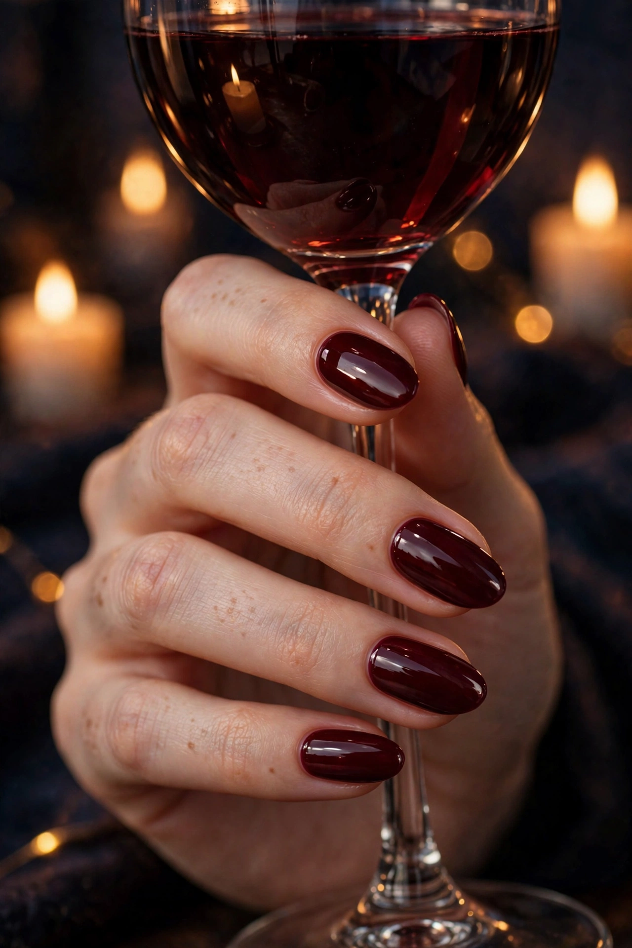 Burgundy wine nails holding wine glass
