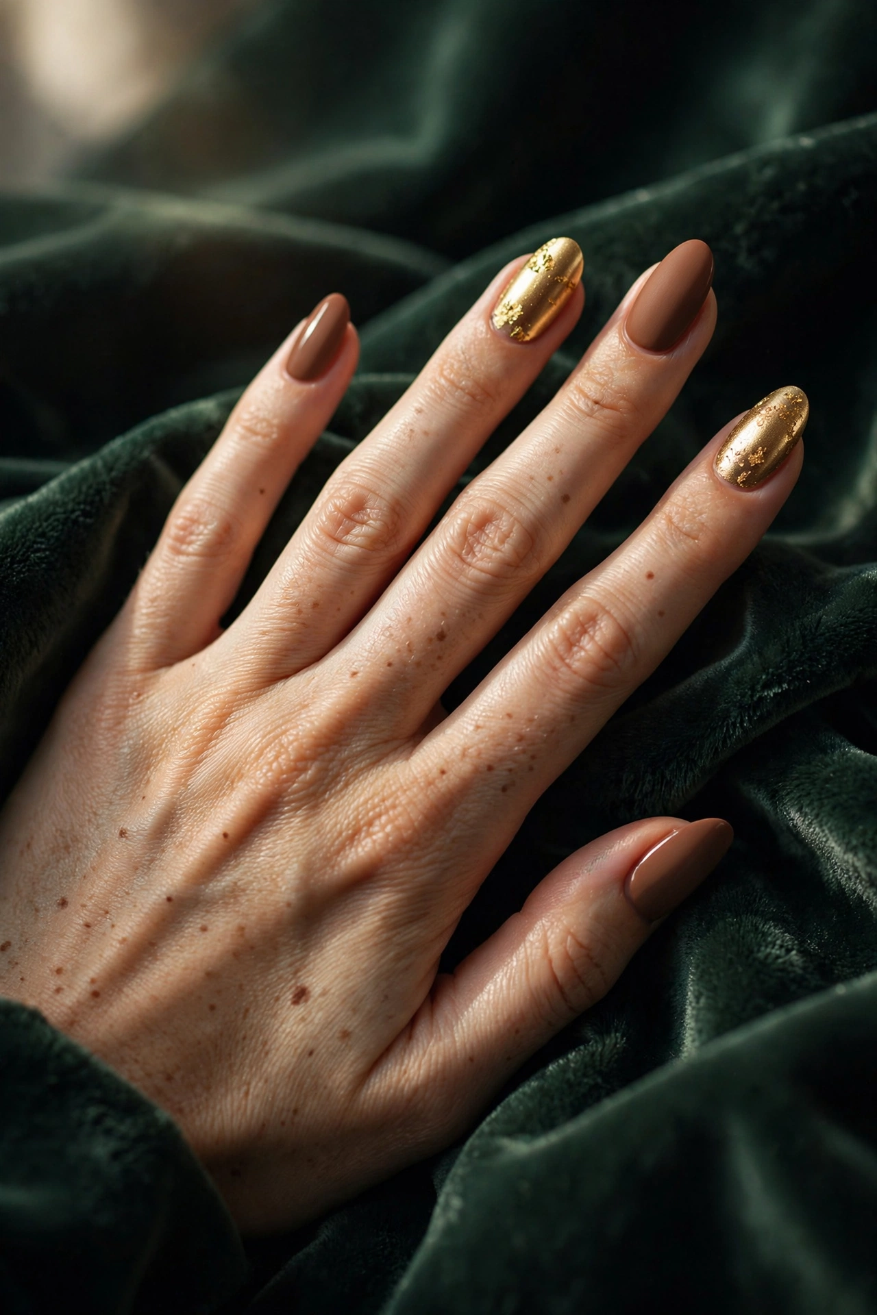 Cocoa brown cream and gold mix nails