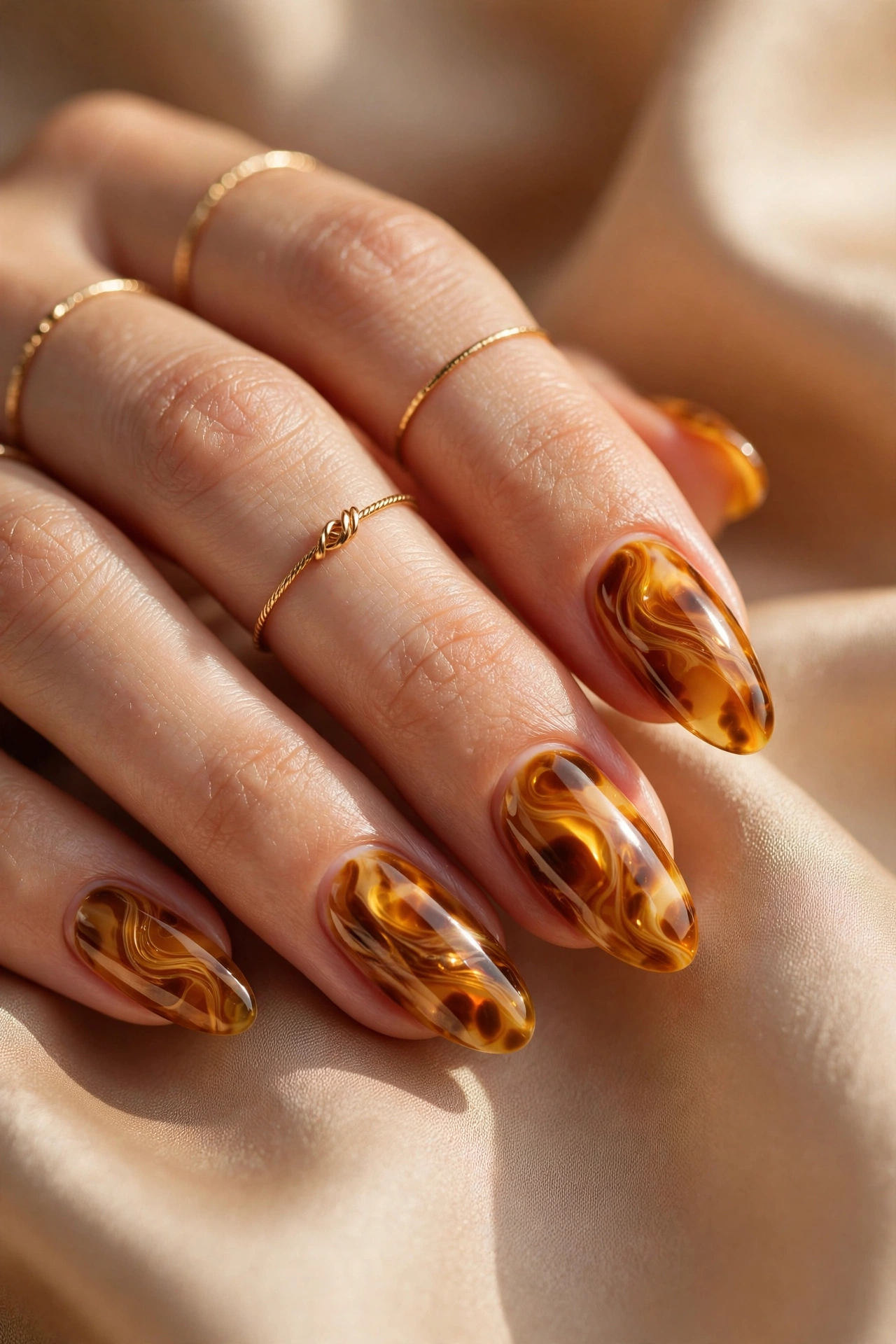 Caramel tortoiseshell nails with gold rings