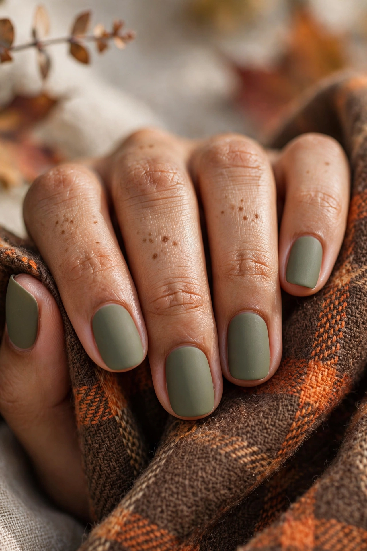 Olive green matte nails with plaid scarf