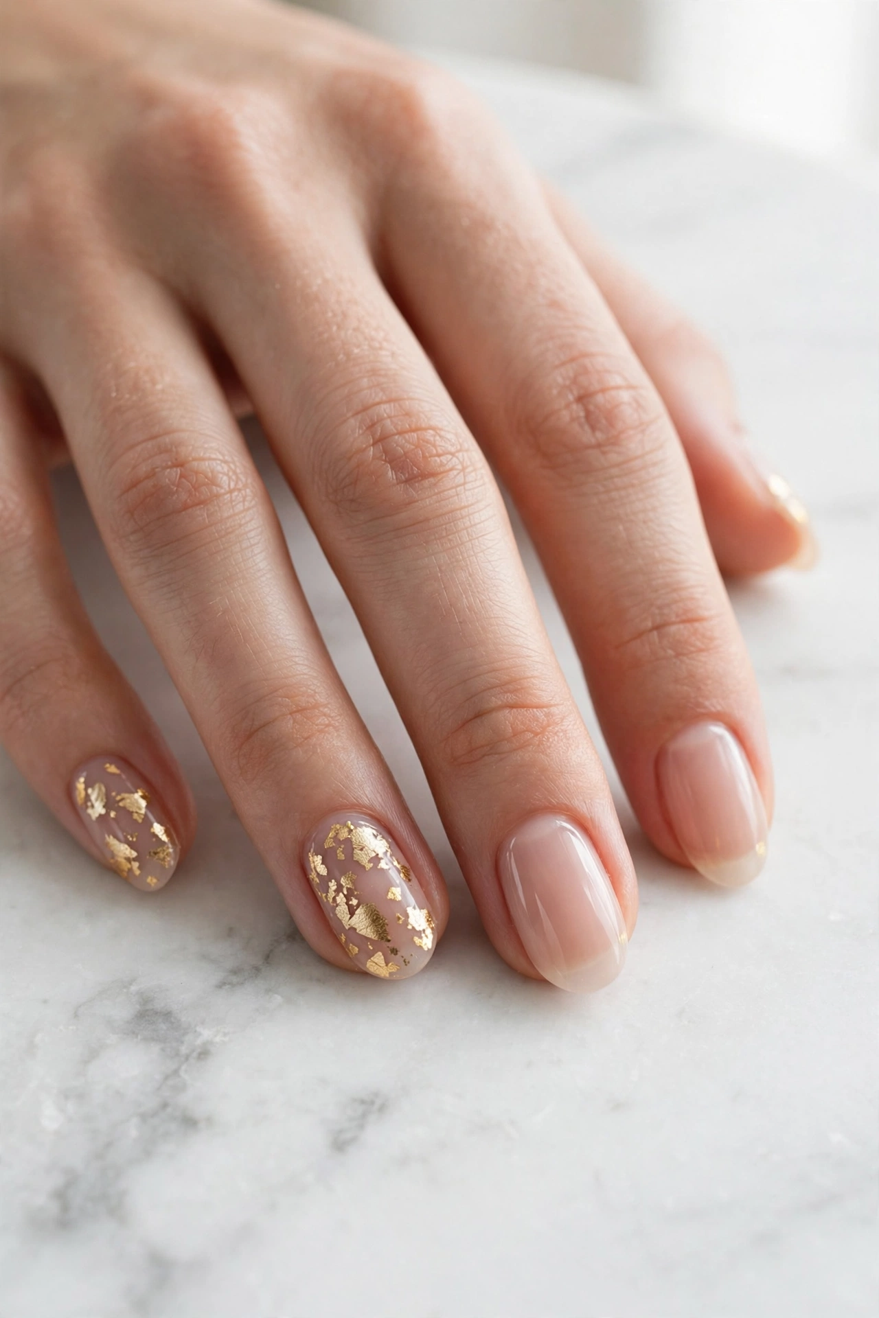 Nude nails with gold foil accents