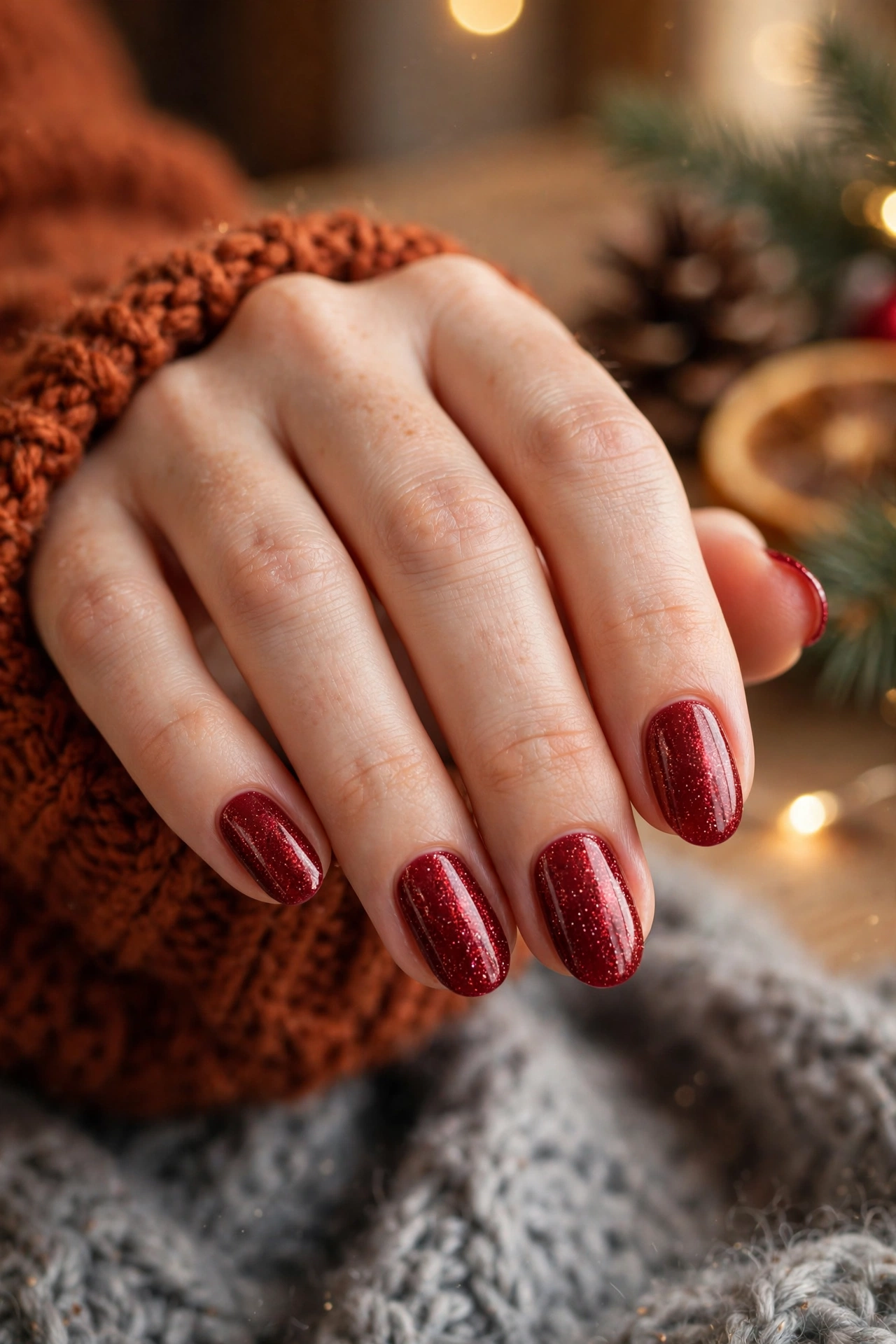 Cranberry shimmer nails with knit cuff