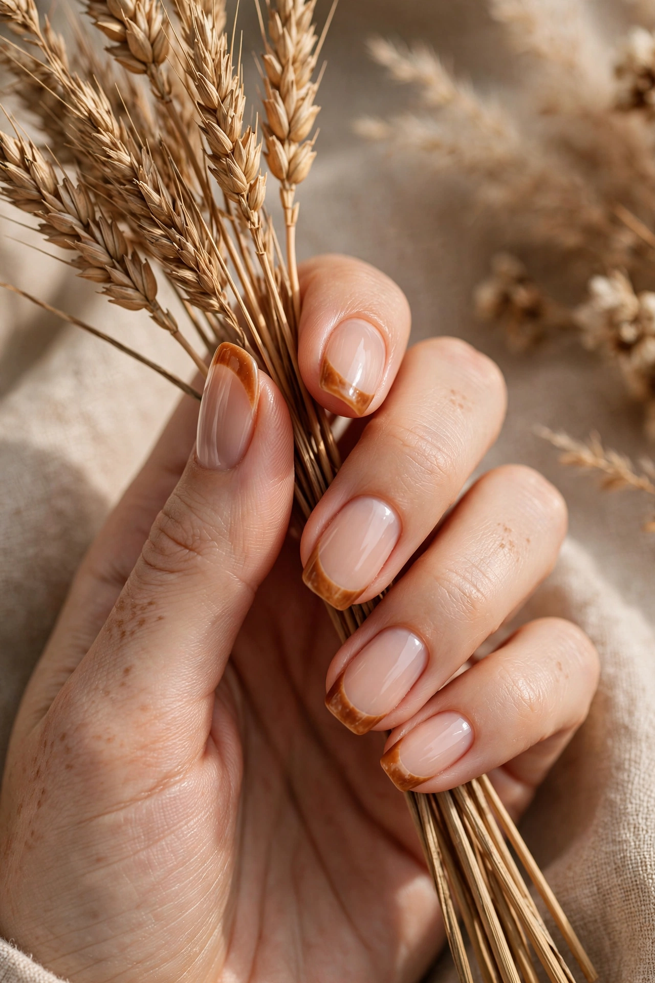Caramel French tip nails with wheat