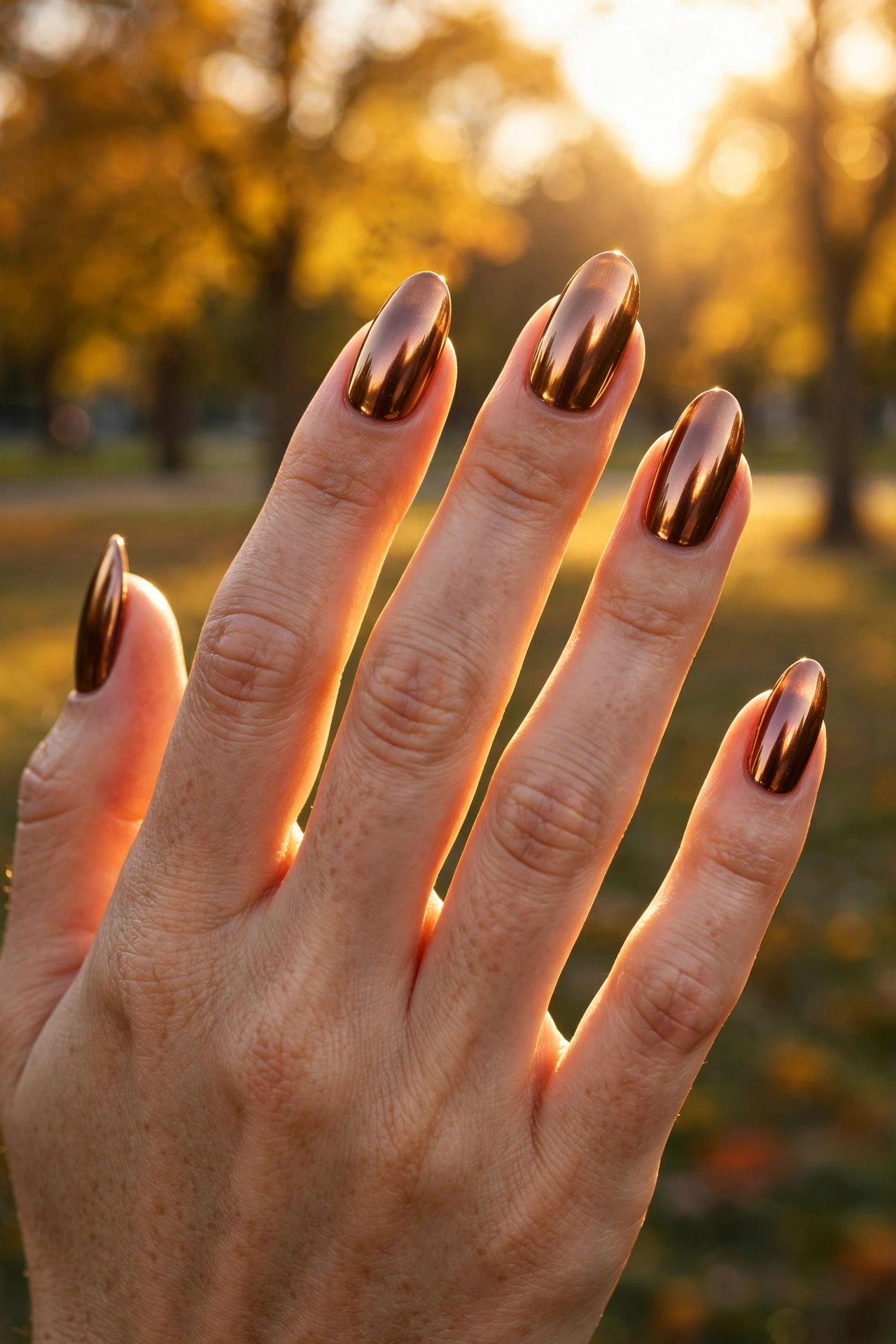 Bronze chrome metallic nails in sunlight