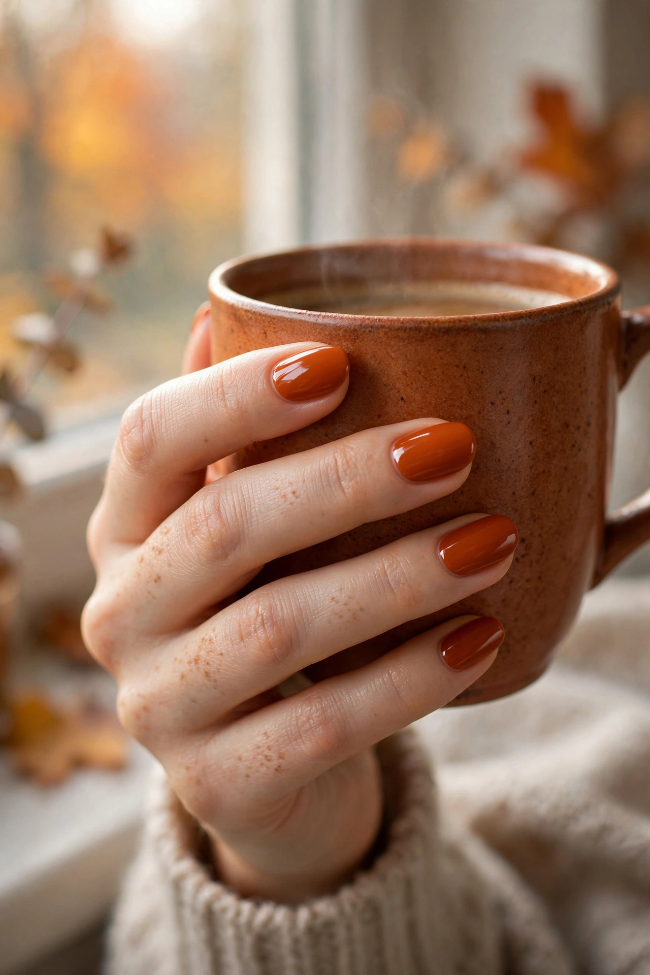 Burnt orange glossy nails holding coffee cup
