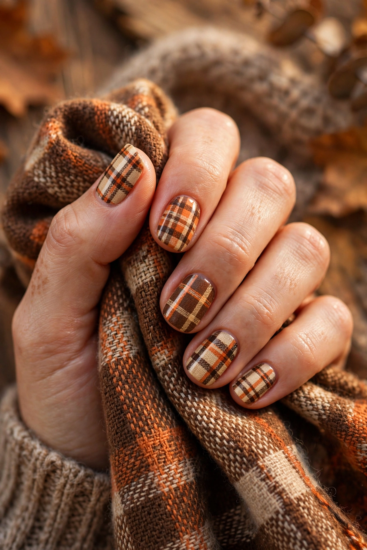 Fall plaid nail art in brown and orange