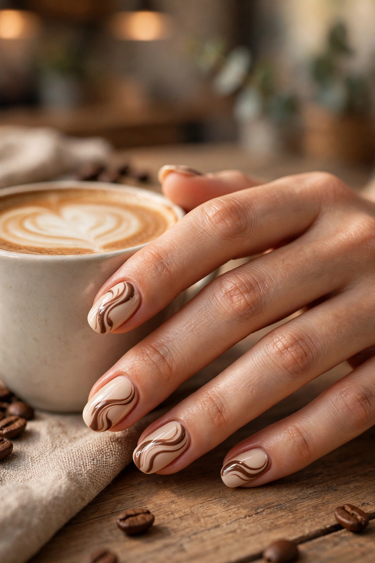 Mocha swirls on nude nails