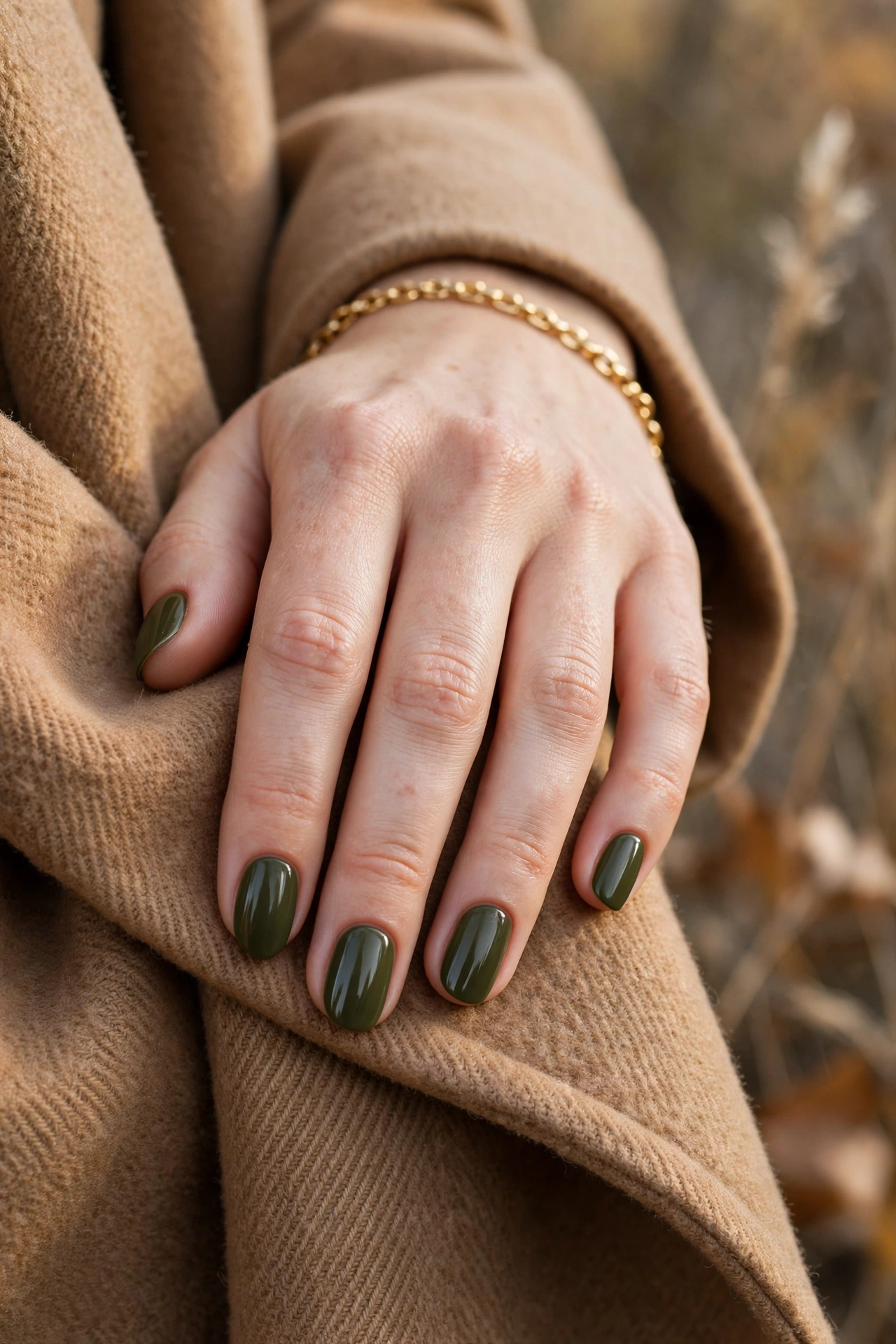 Olive green nails with gold bracelet