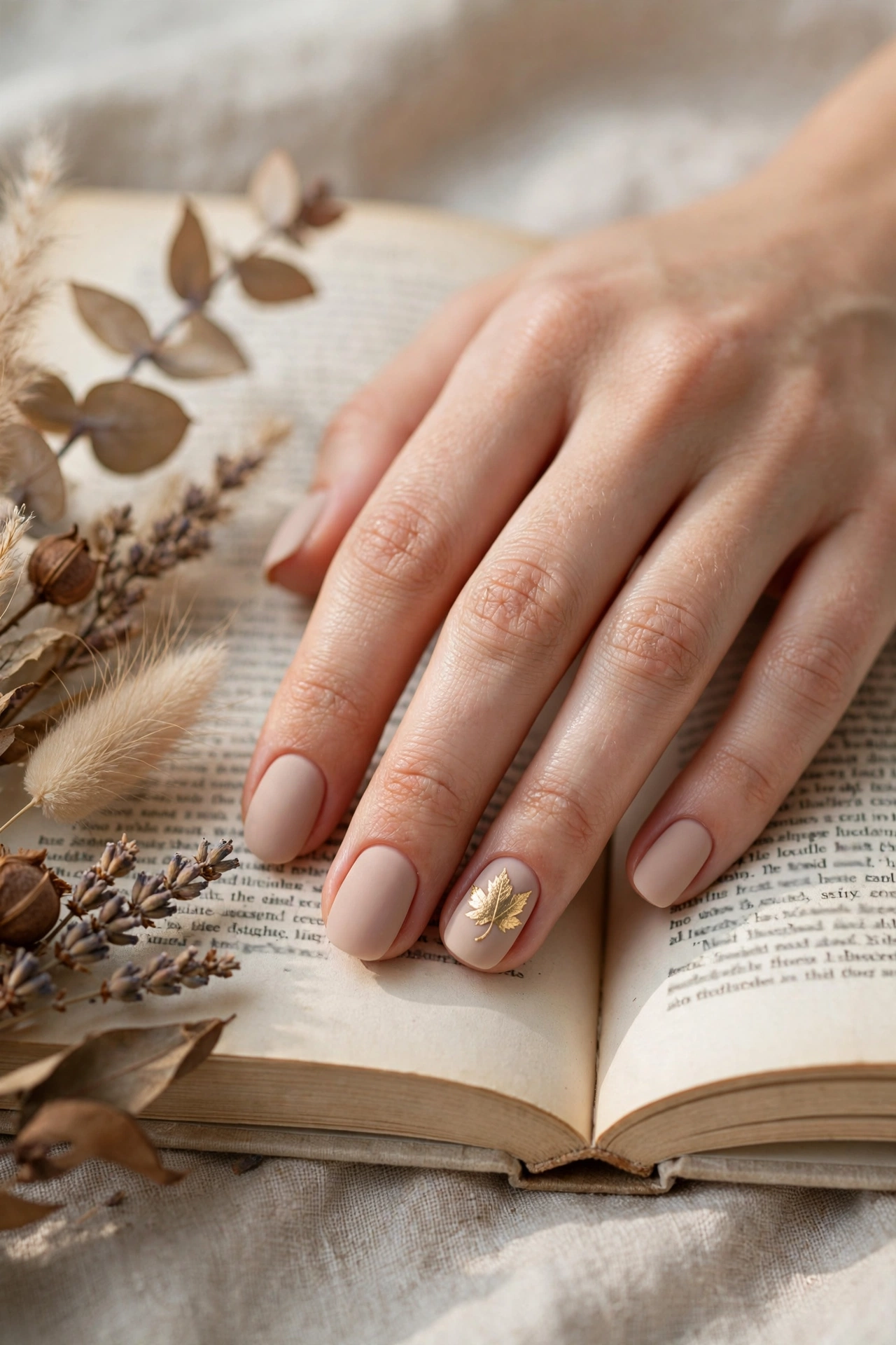 Matte nude nails with gold fall leaf