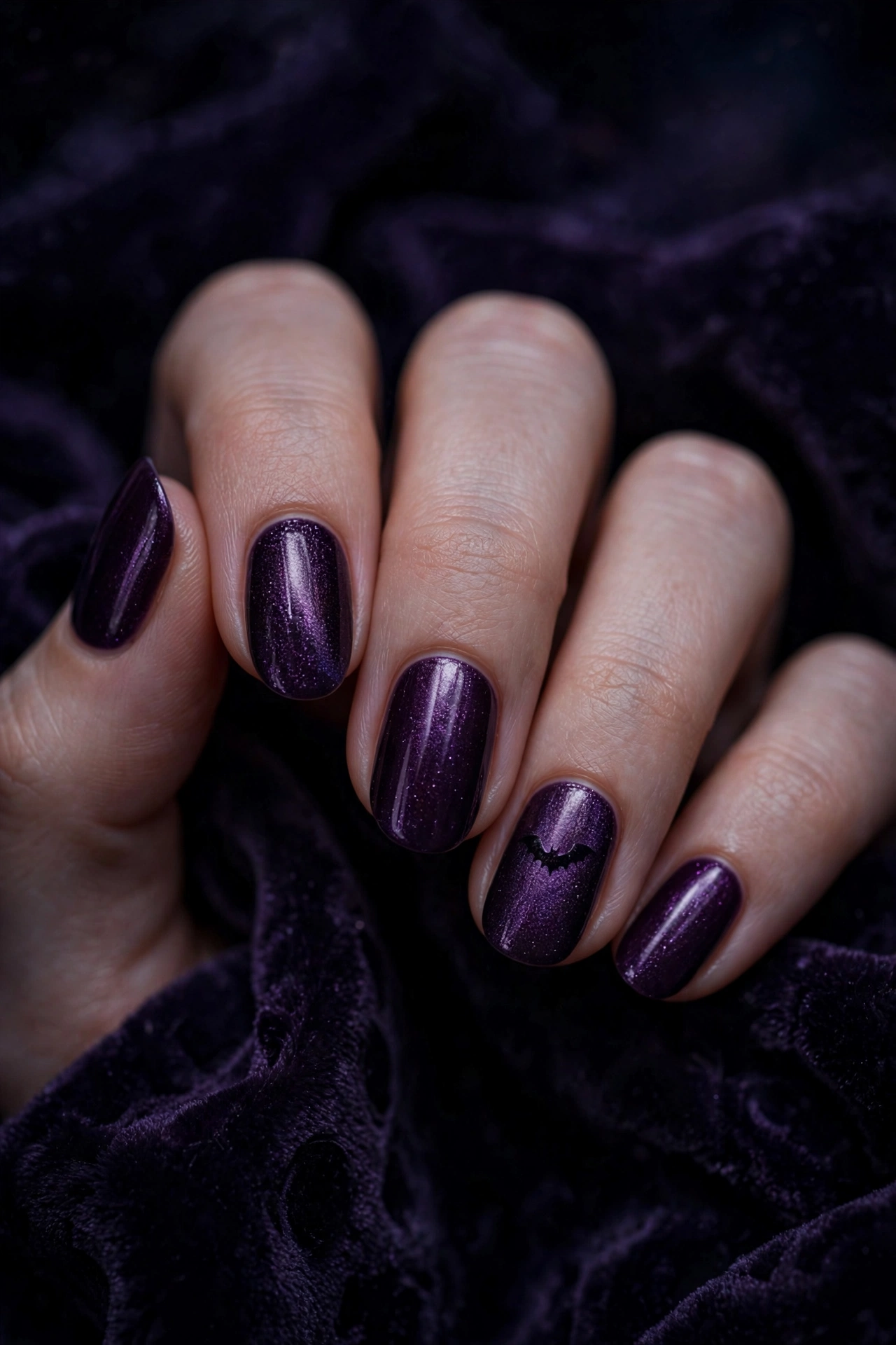 Bat silhouette on purple shimmer nail