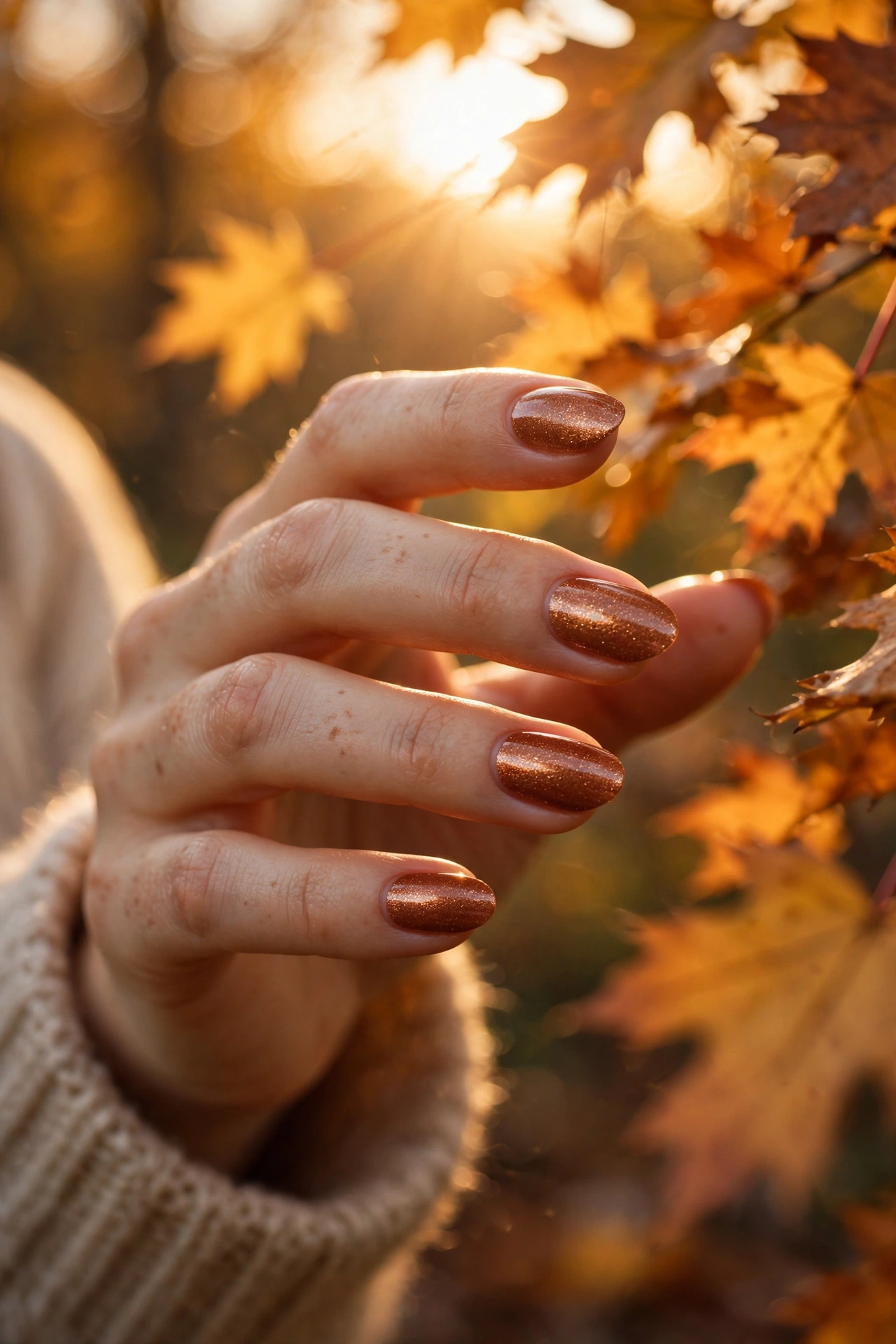 Cinnamon shimmer nails in autumn light