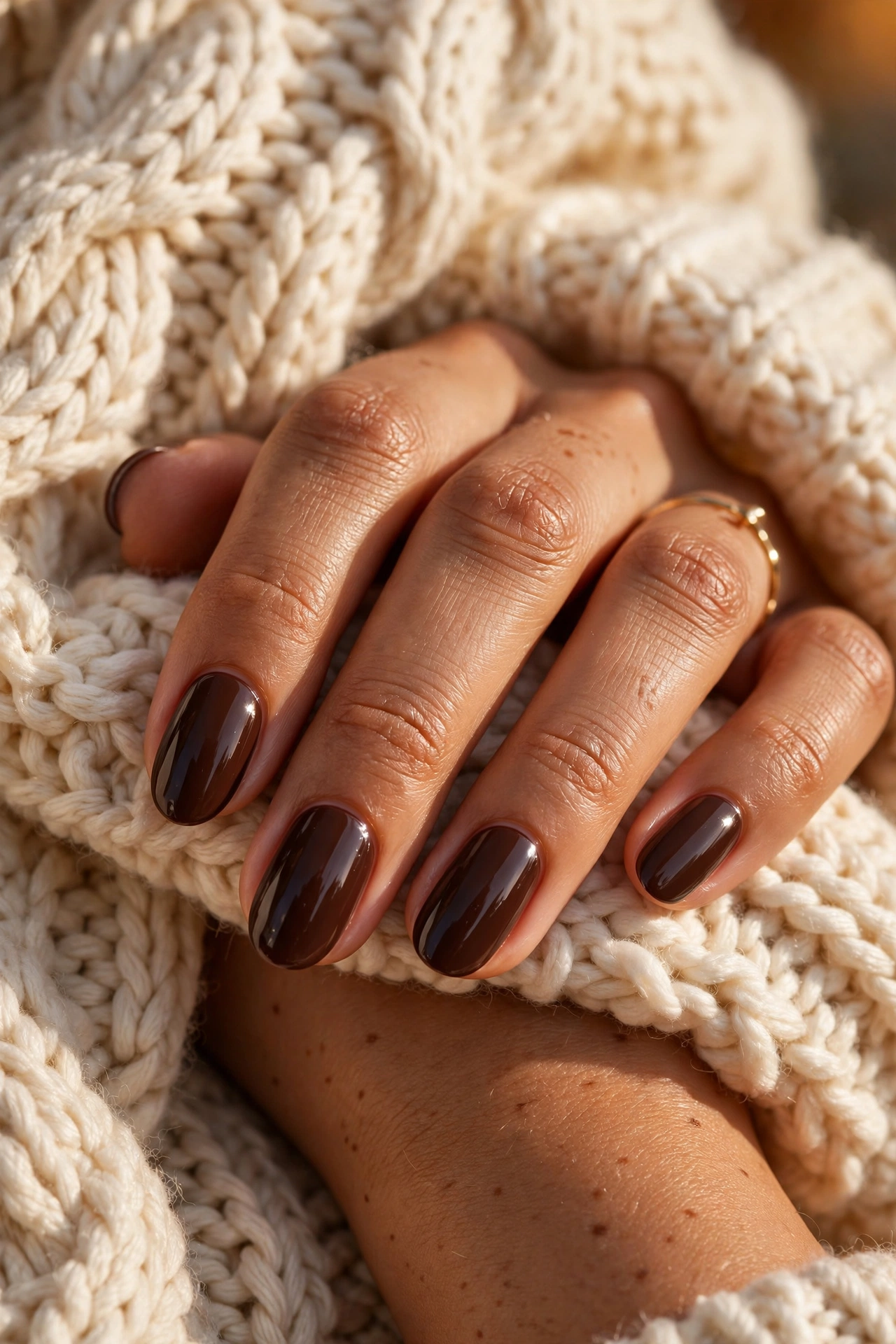 Chocolate brown glossy nails against knit sweater