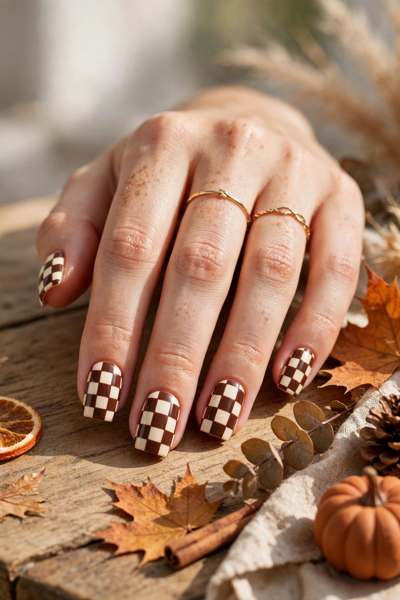 Brown and cream checkerboard nails