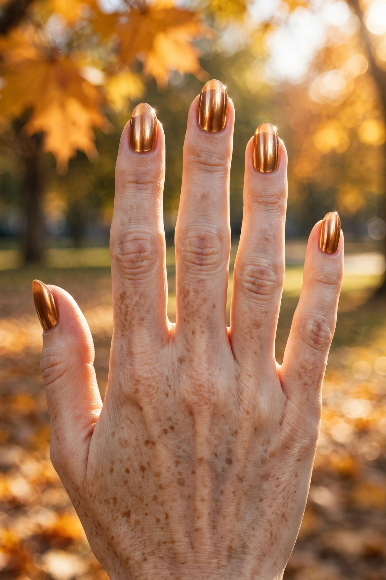 Caramel chrome shimmer nails in sunlight