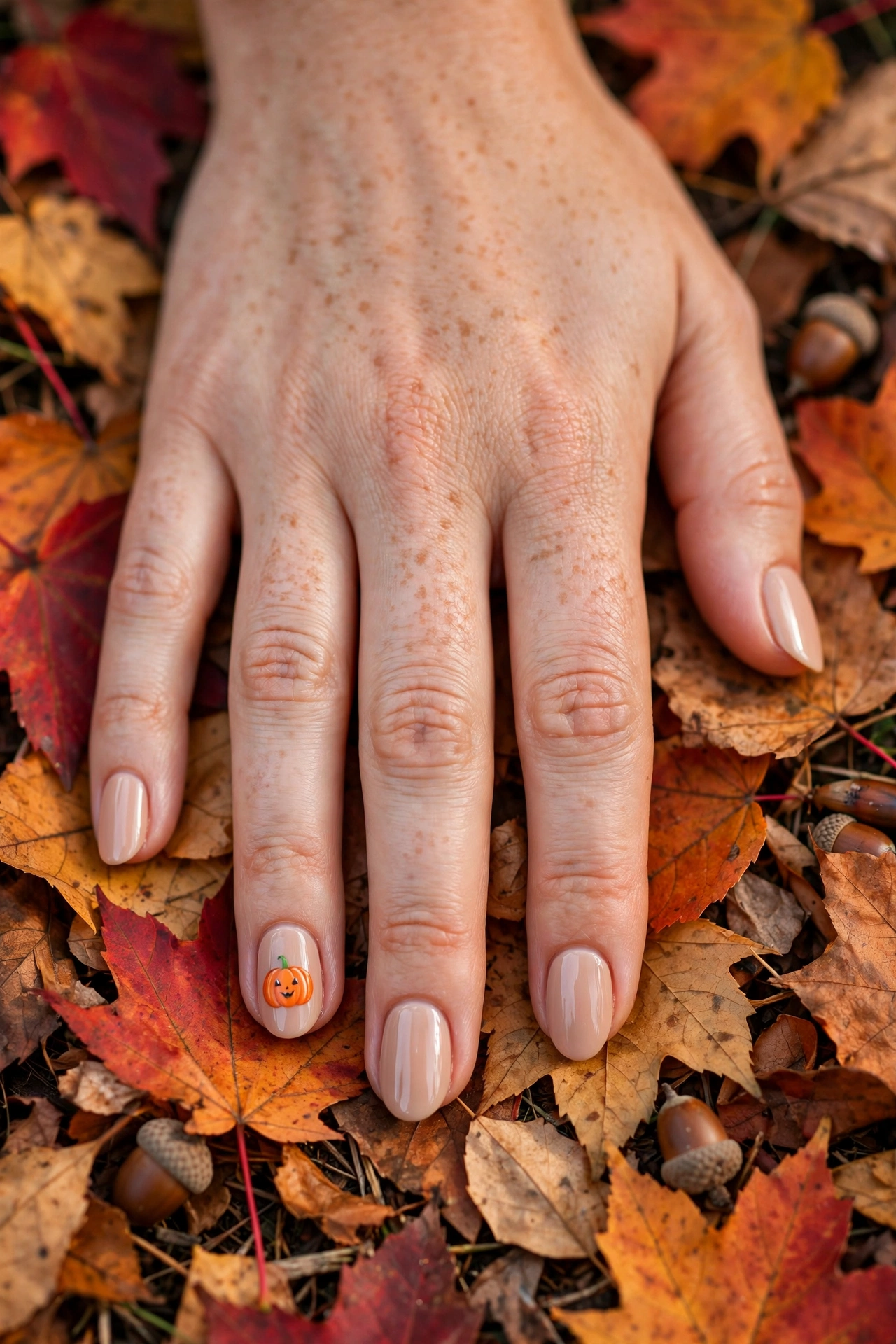 Nude nails with tiny pumpkin art