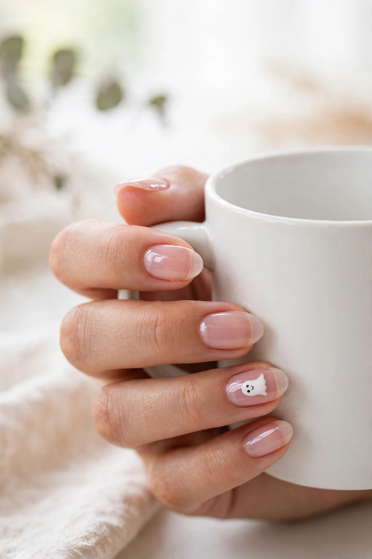 Sheer pink nails with tiny ghost accent