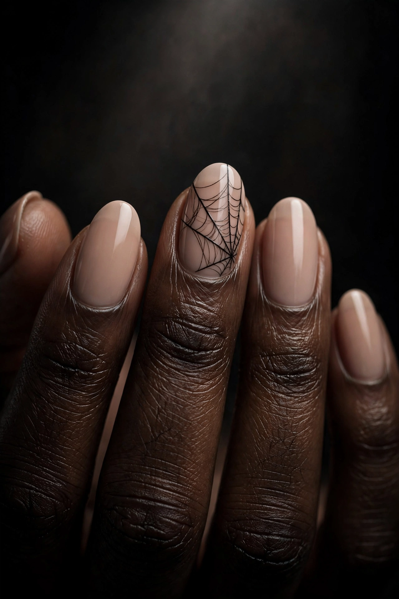 Nude nails with black spider web art
