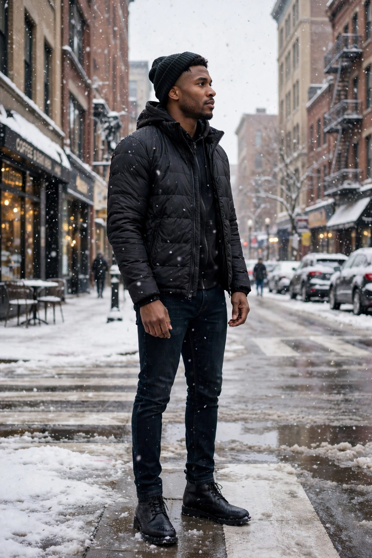 Black puffer jacket with jeans