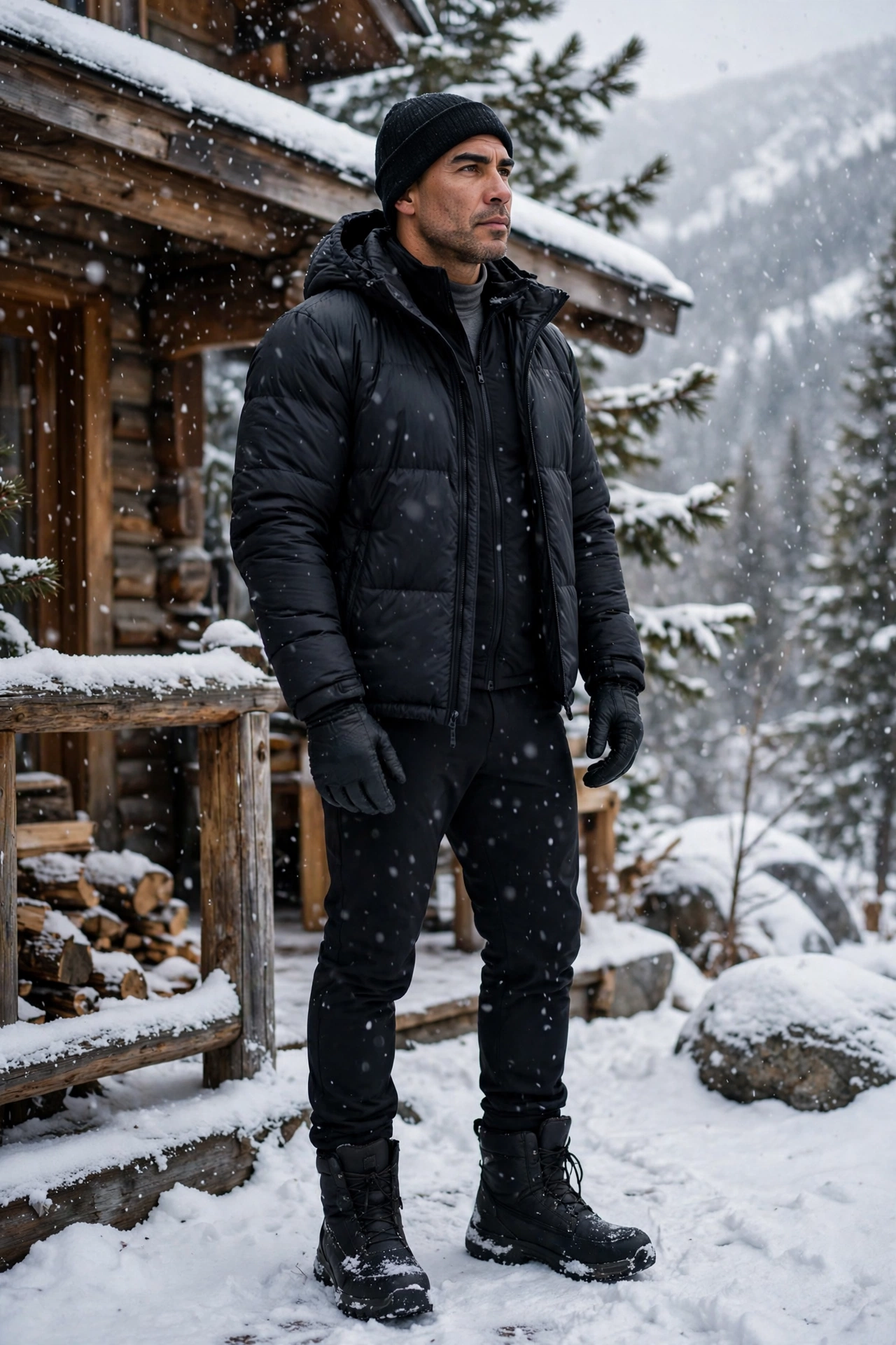Puffer jacket with winter boots