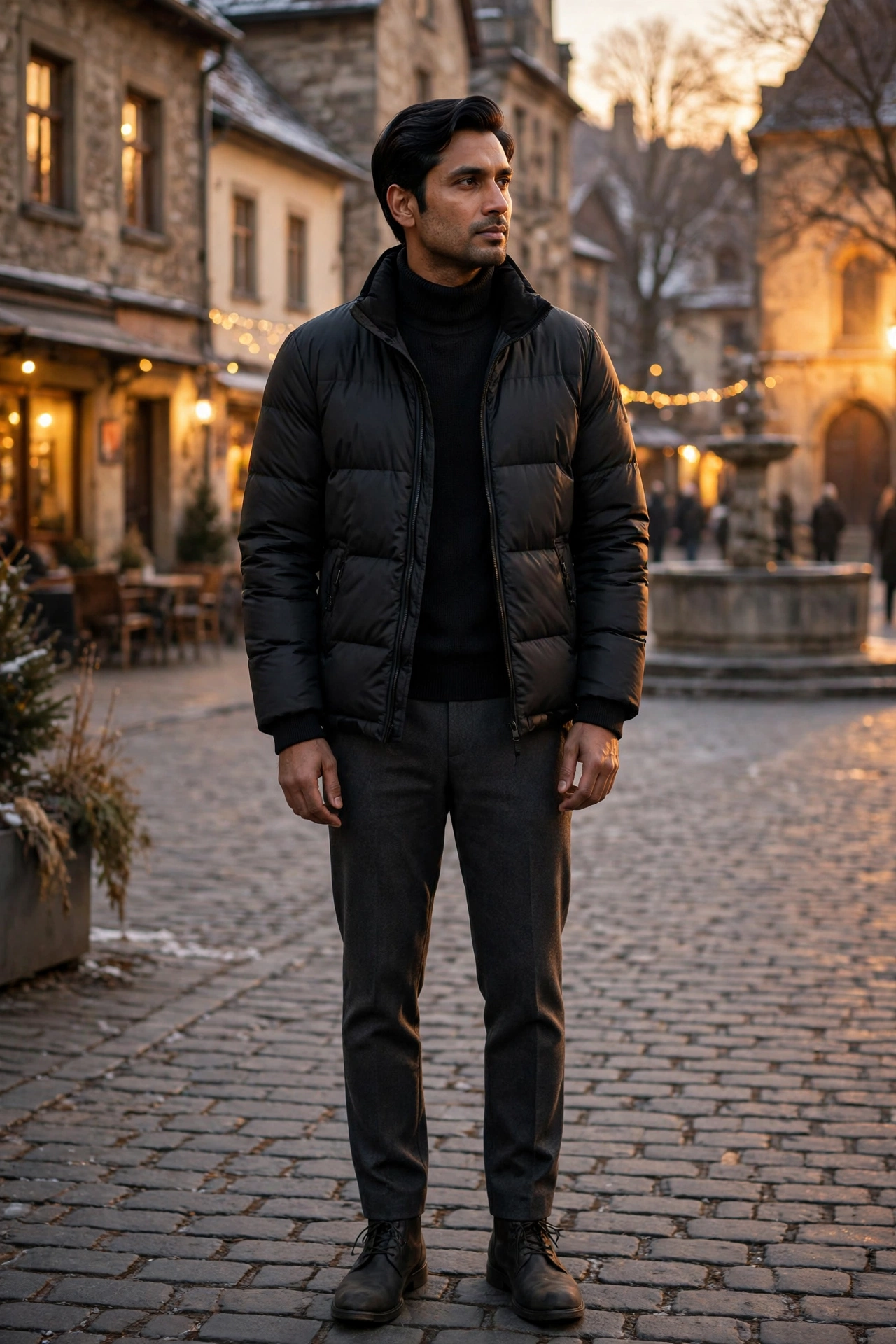 Puffer jacket with turtleneck and wool trousers