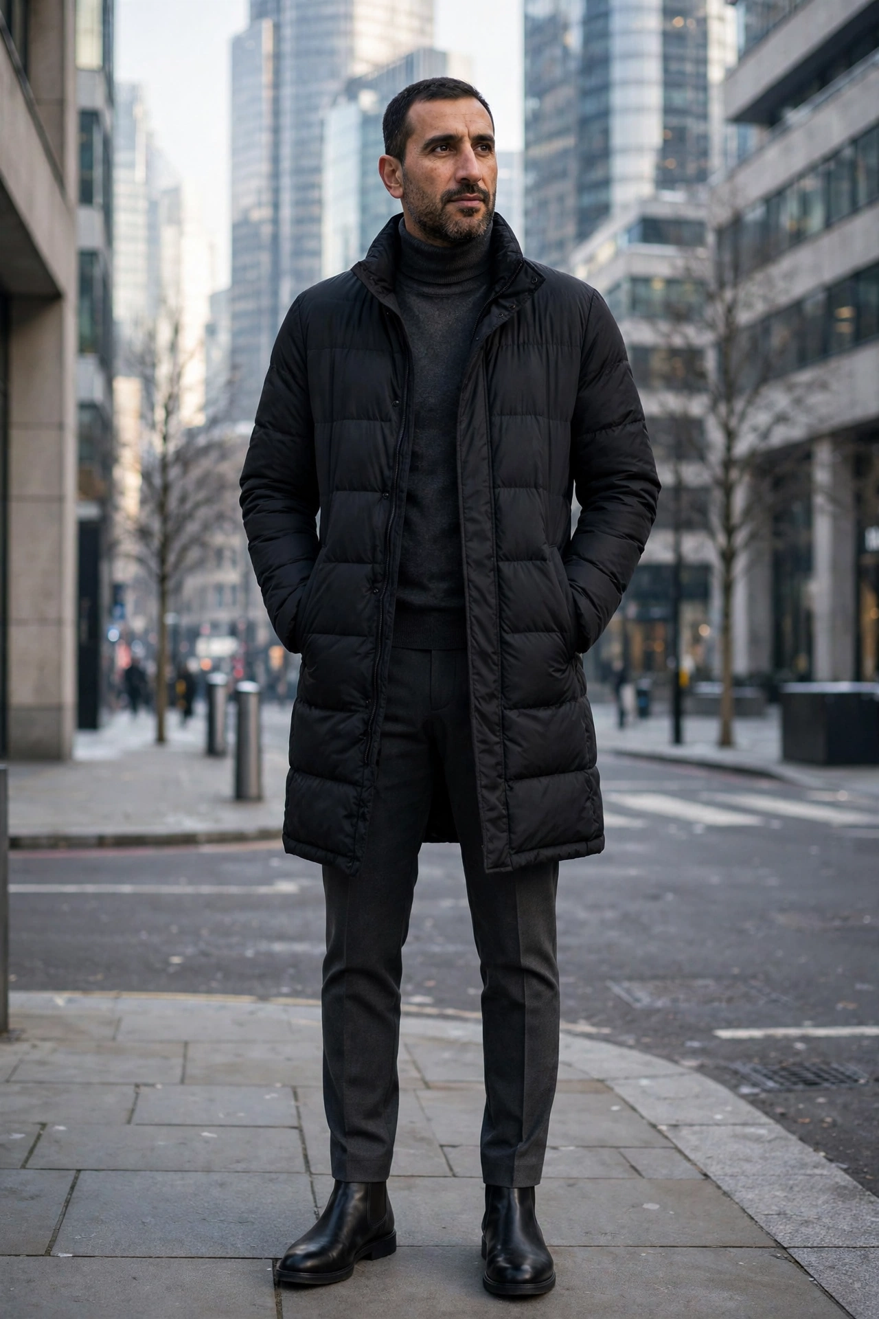 Long puffer coat city outfit