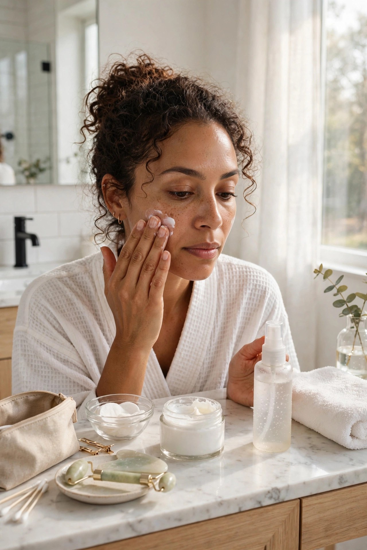 Woman applying moisturizer at her vanity in soft morning light before party makeup