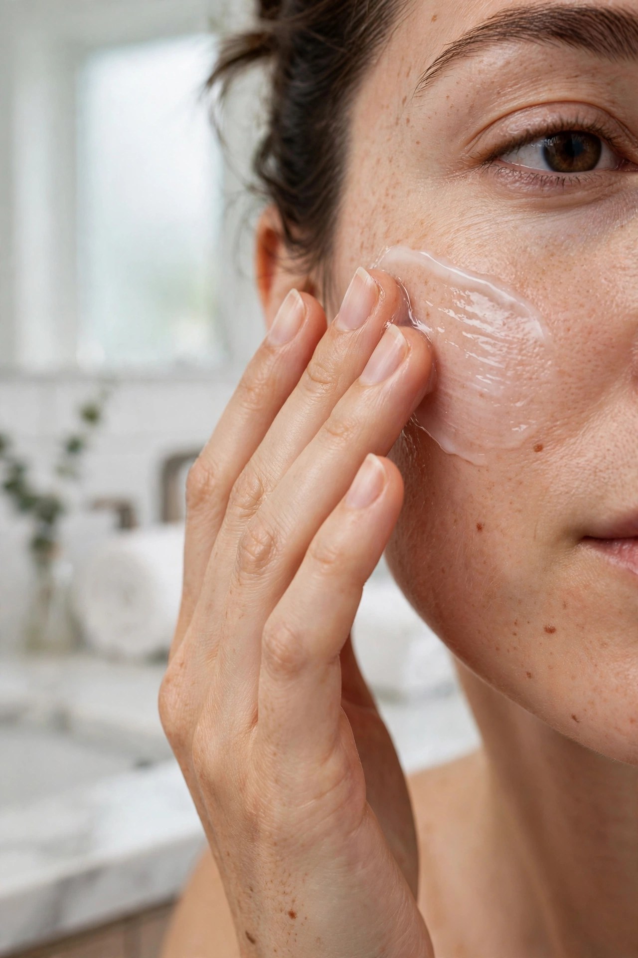 Close-up of a woman smoothing gripping primer onto her cheek in a bright bathroom