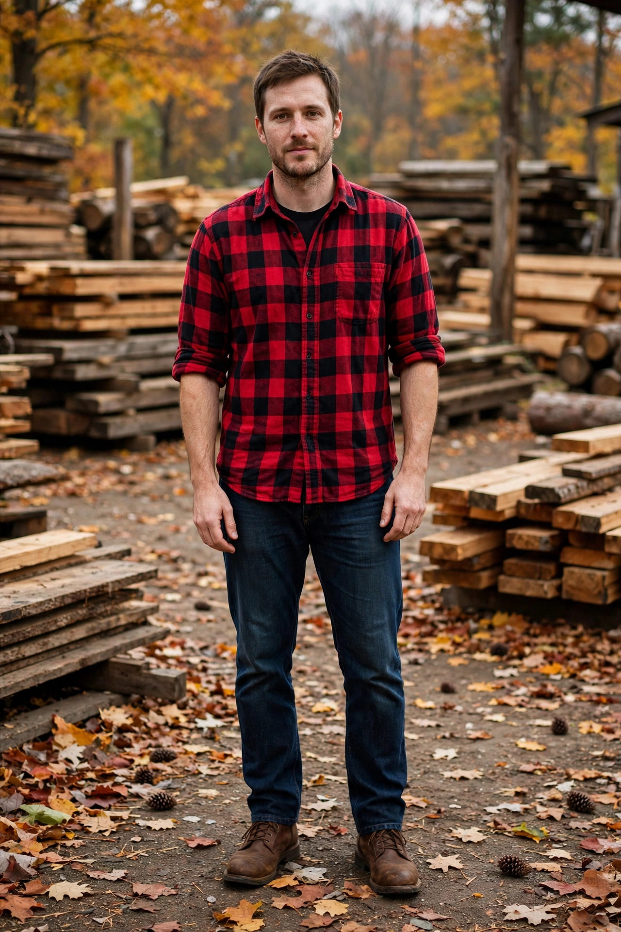 Red flannel shirt with dark jeans