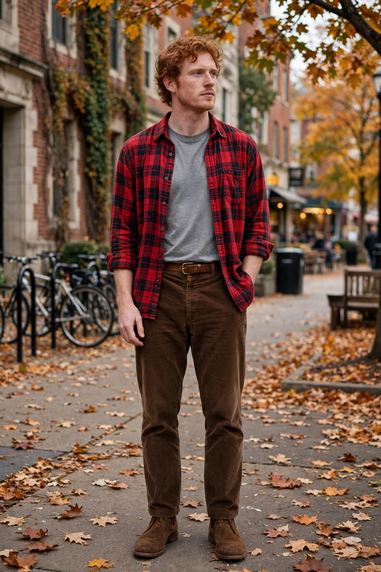 Red flannel with brown corduroy trousers