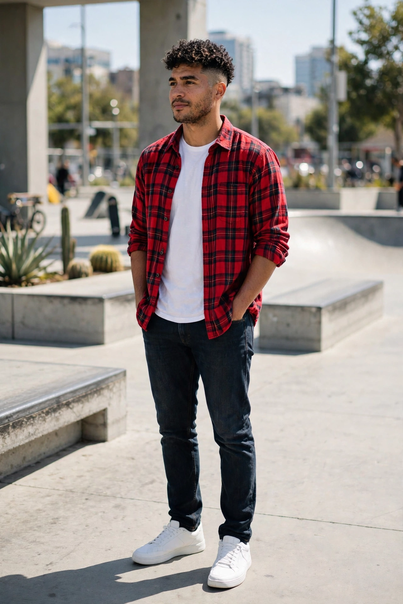 Red flannel with white sneakers