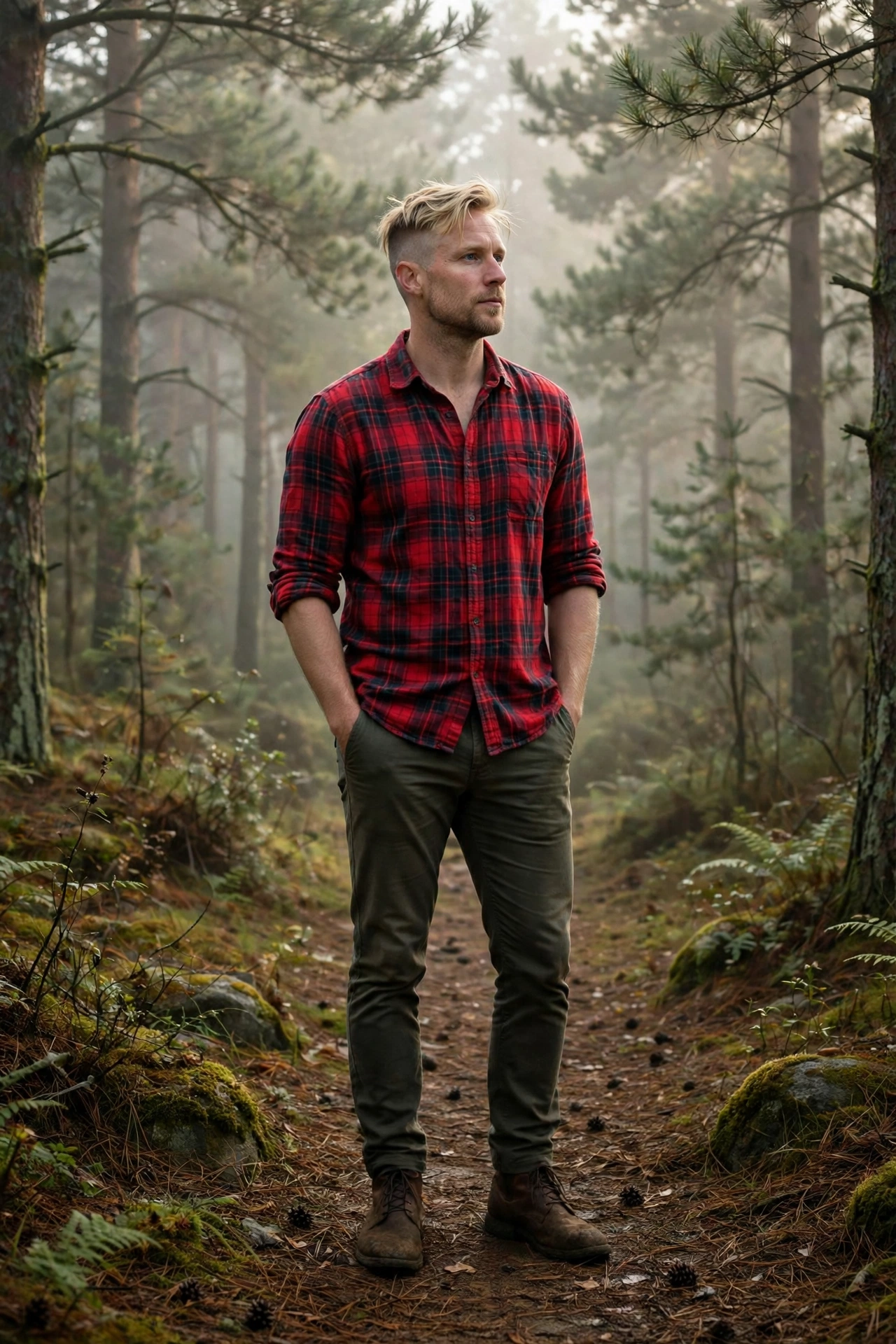 Red flannel with dark green pants