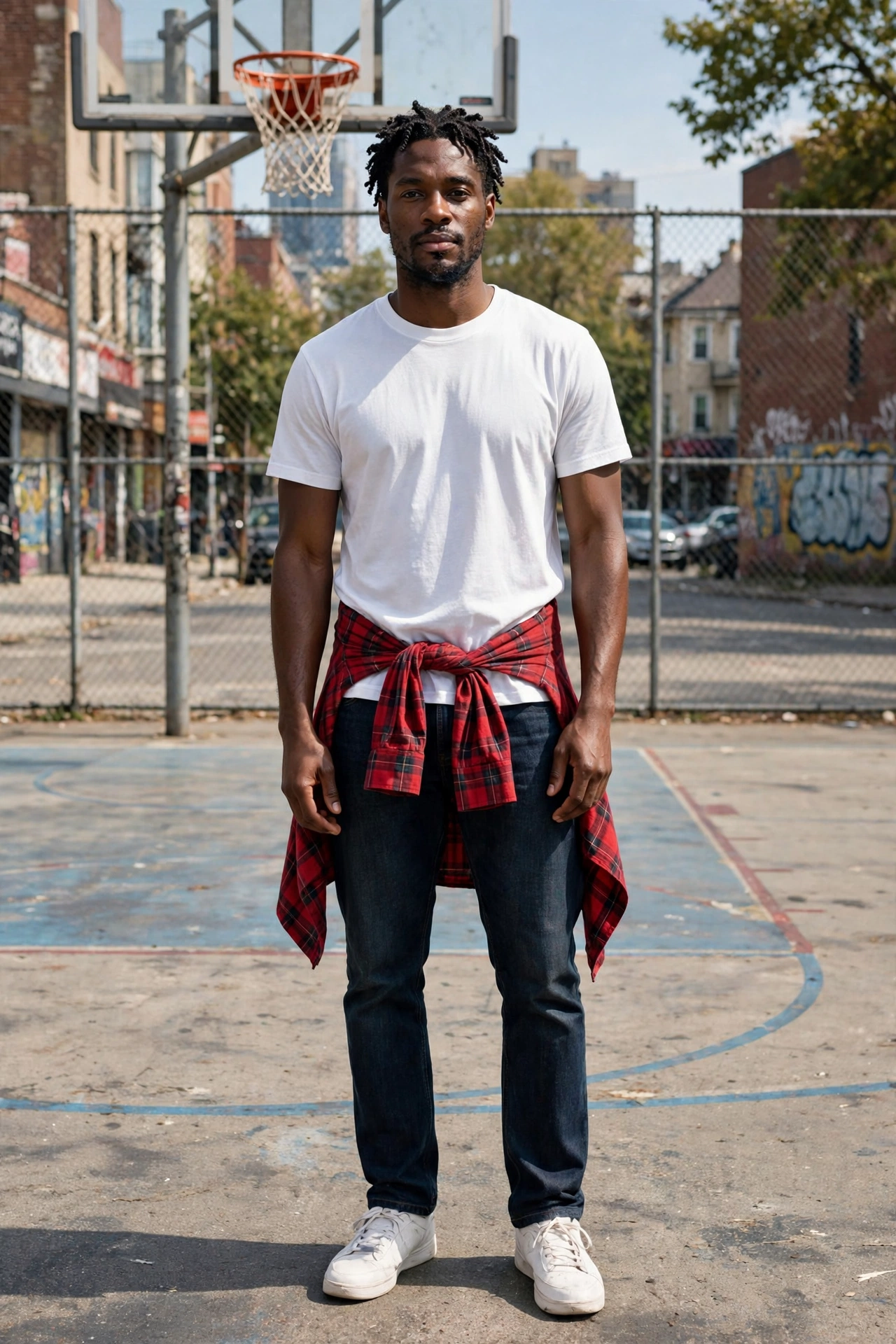 Red flannel tied around waist