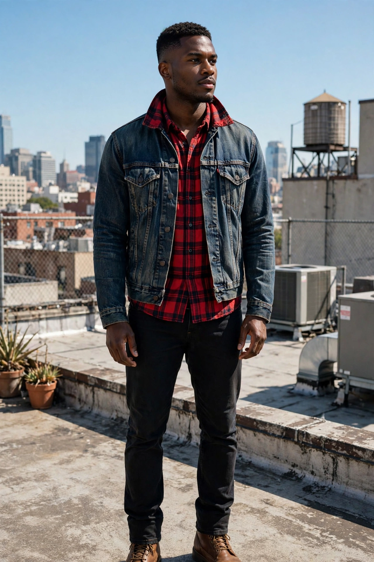 Red flannel with denim jacket
